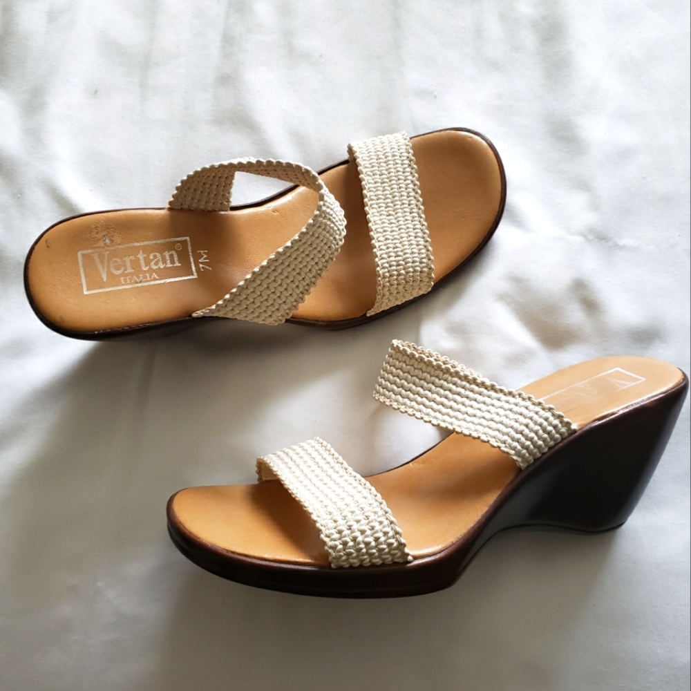 Vertan Italia Brown and Cream Wedge Sandals, Sz 7